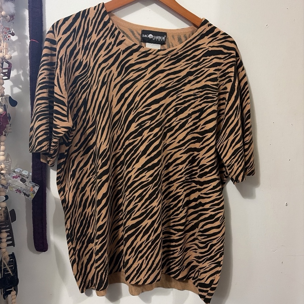 Sag Harbor Zebra Print Short Sleeve Top - Black and Tan